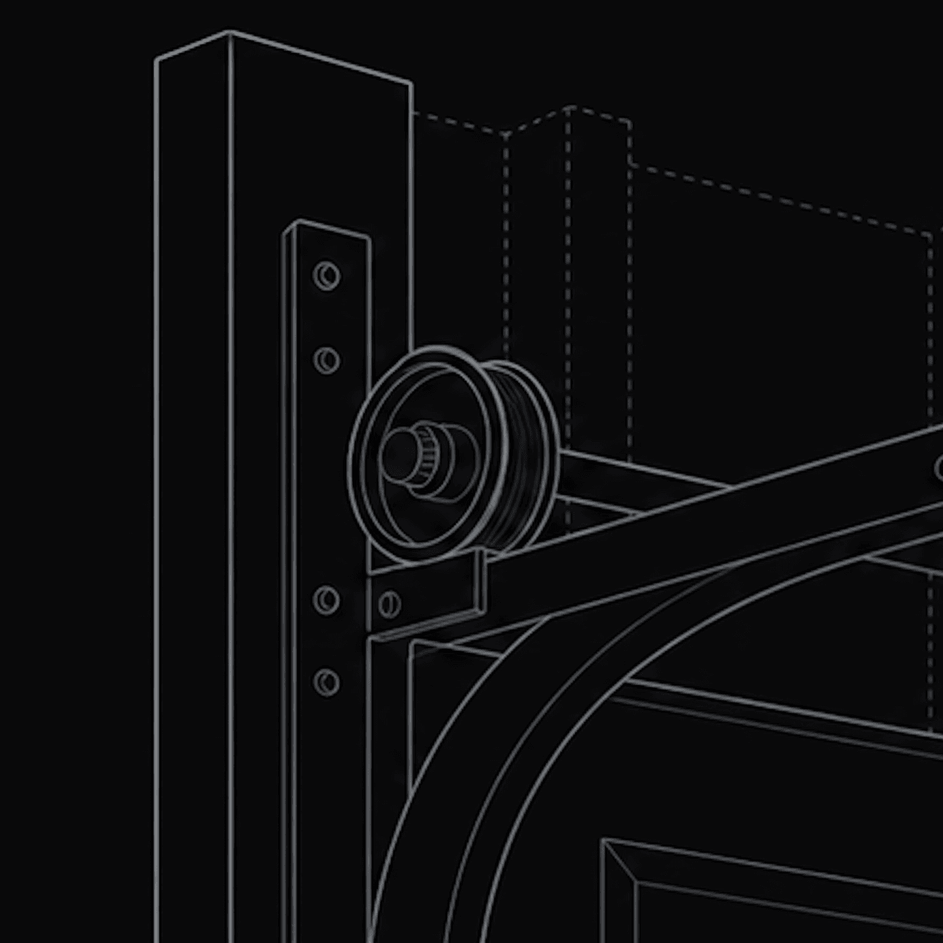 Blueprint close-up illustration of a garage-door cable drum and roller bracket