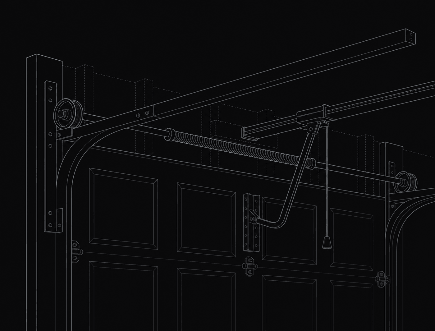 Isometric blueprint illustration of a complete residential garage door and its hardware