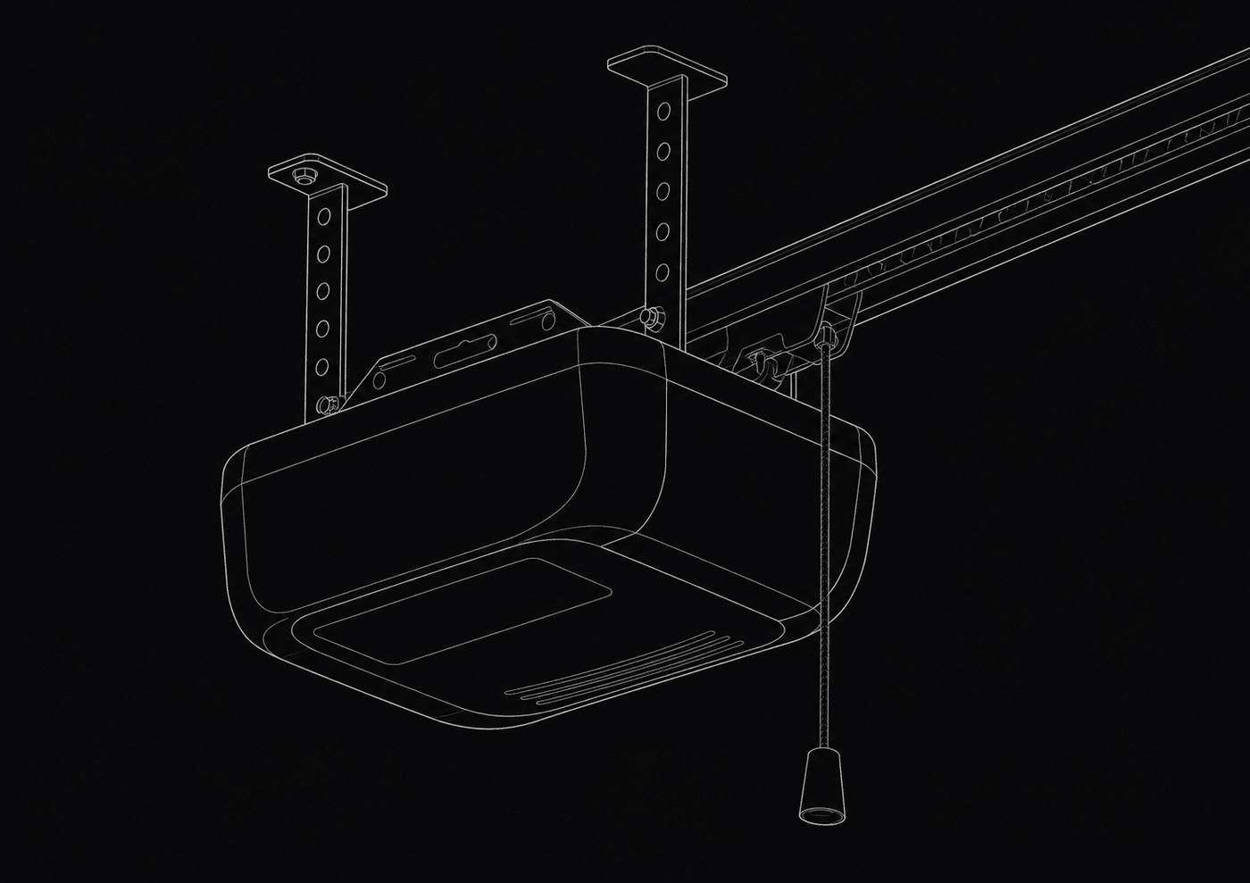 Blueprint illustration of a ceiling-mounted garage-door opener unit and rail