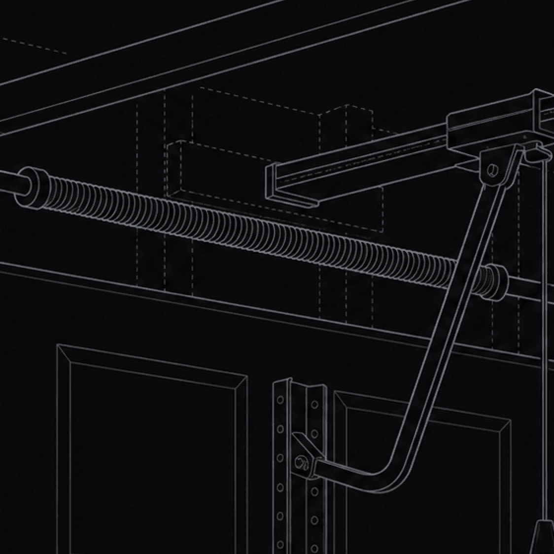 Blueprint illustration of a garage-door torsion shaft and opener arm assembly