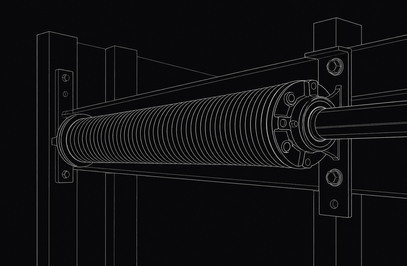 Cutaway blueprint illustration of a garage-door torsion spring on its shaft